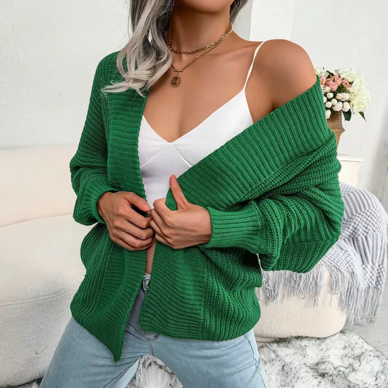 New Y2k Elegant Autumn and Winter Women's Clothing Cardigan Sweater Retro Solid Color V-neck Knitwear Jacket Lantern Sleeve Top