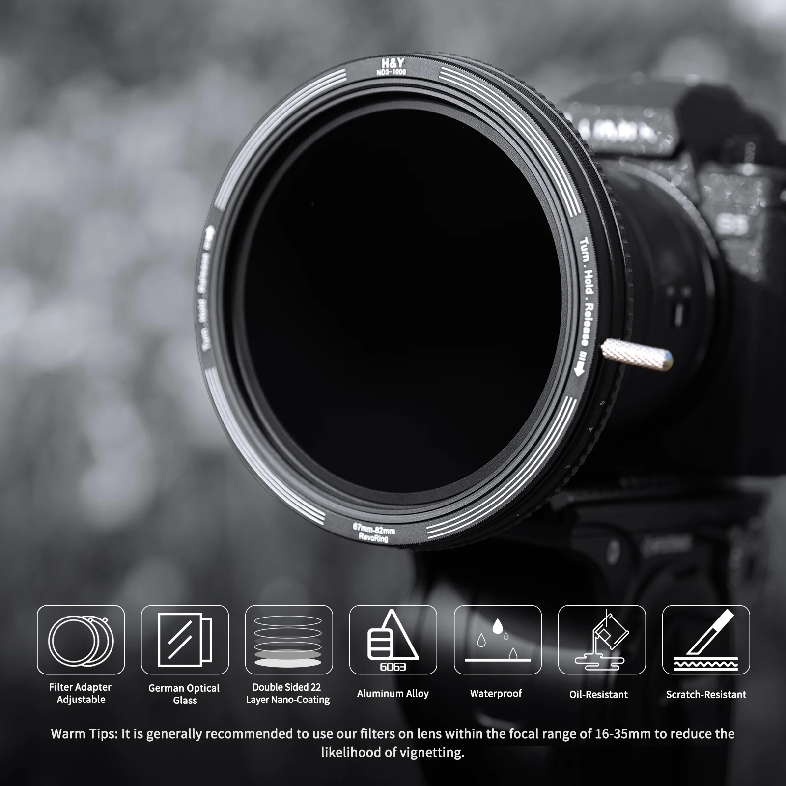 Filtro ND Variabile H&Y RevoRing 2 In 1 ND3-ND1000 – Vetro Ottico Tedesco, Adattabile A Più Diametri (58-77mm), Senza Vignettatura