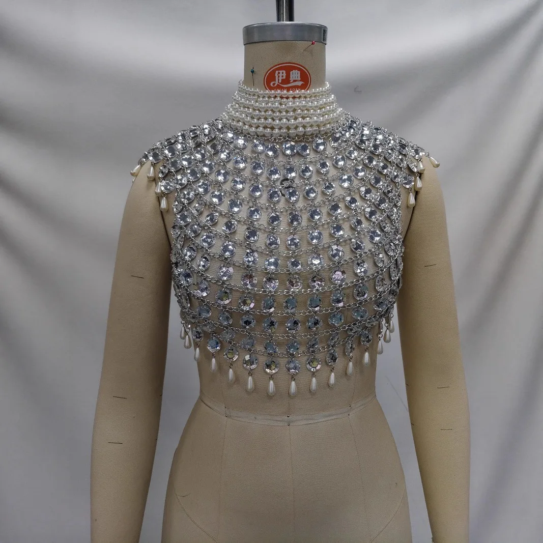 Sexy Openwork Teardrop Pearl Patchwork Top For Women Baroque-Style Design, Form-Fitting Halter Neckline, Outer Vest 1