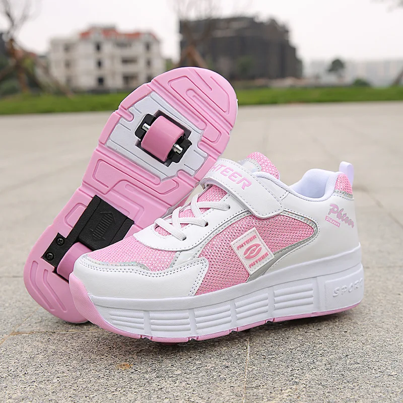 White Fashion Casual Sport Gift 2 Wheels Deform Roller Skate Shoes  Deformation Parkour Runaway Sneakers For Kids Boys Girls - AliExpress