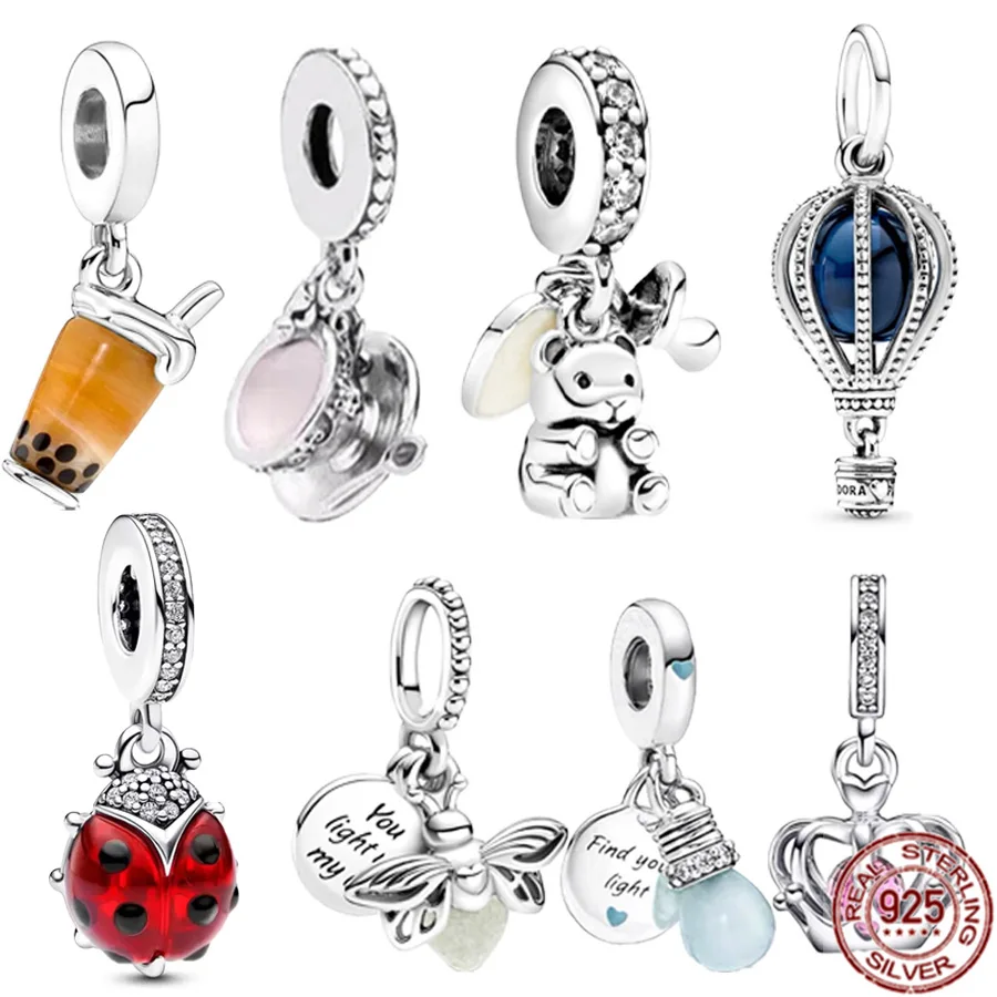 Nowy 925 Sterling Silver Firefly Balloon Bubble Tea & Teddy Dangle Bear