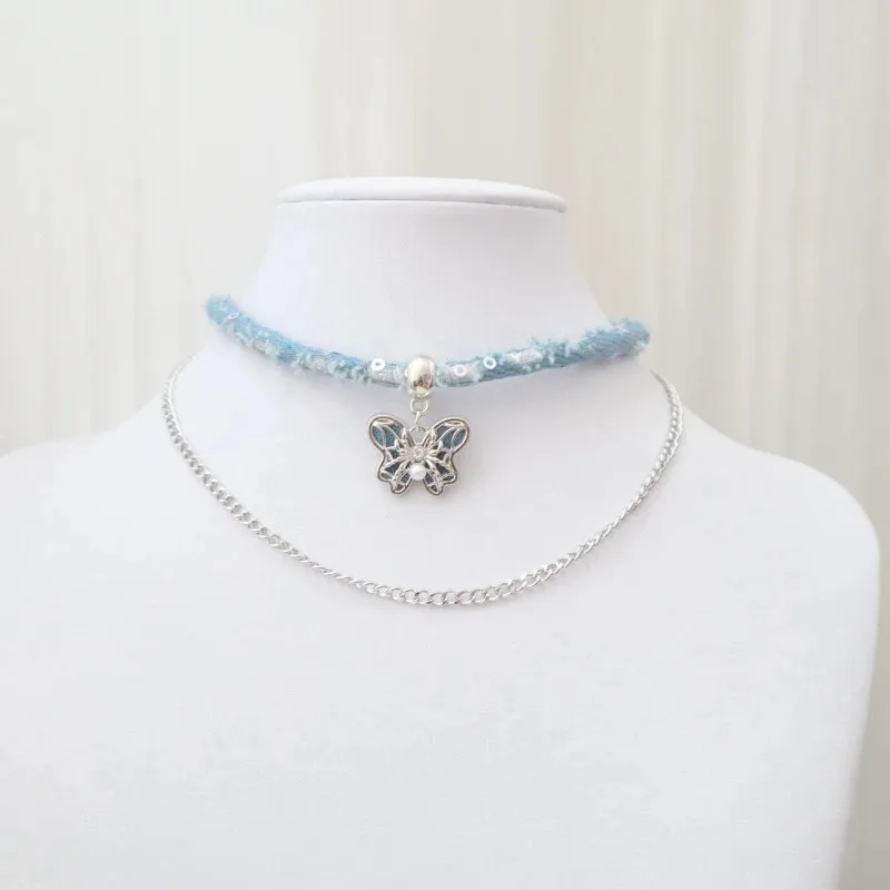 Vintage Denim Blue Cross Flower Bow Double Layered Pendant Necklace Women Chic Cowboy Clavicle Chain Party Jewelry