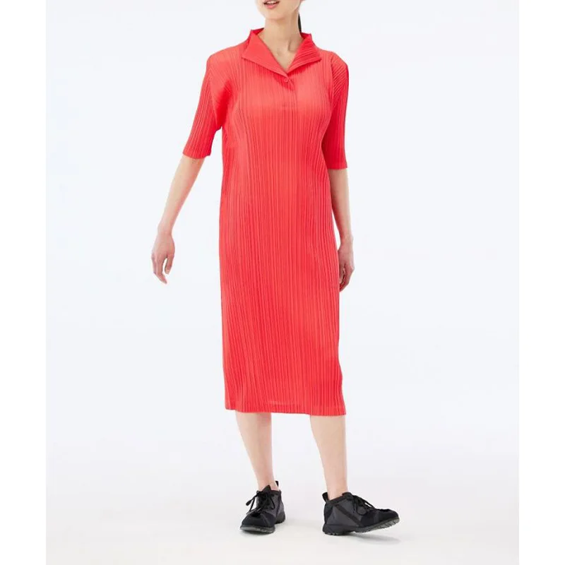 

Miyake Pleated Dresses For Women 45-75kg Turn Down Collar Short Sleeves Solid Colour Loose Stretch Casual Dress Over The Knees