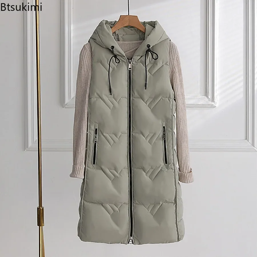 2024Women's Warm Cotton Coat Sleeveless Light Thin Long Slim Hooded Waistcoat Autumn Winter Fashion Temperament Beige Coats Vest
