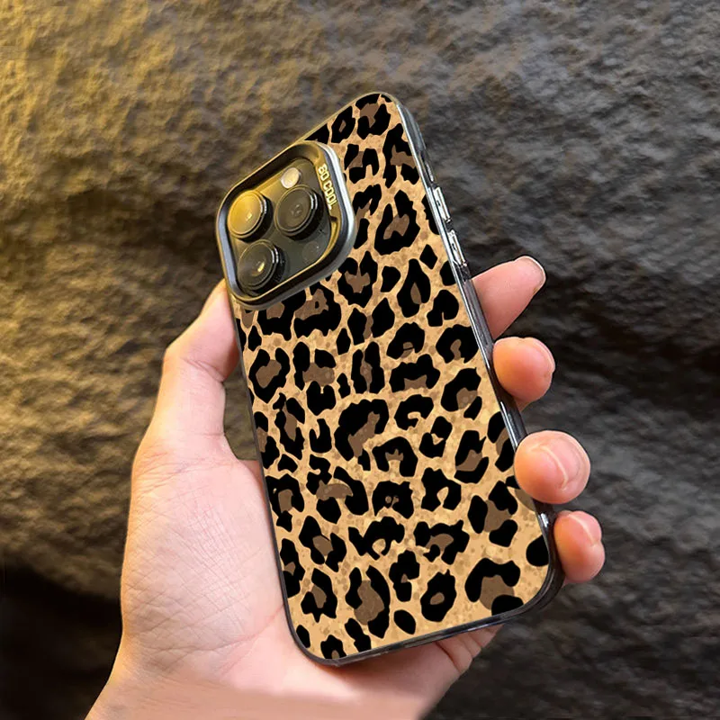 Brown Leopard Anti-drop Armour Phone Case For iPhone 15 Pro Max 16 14 13 12 11 Pro X XR XS 7 Plus 16E Lens protect plating Cover 4