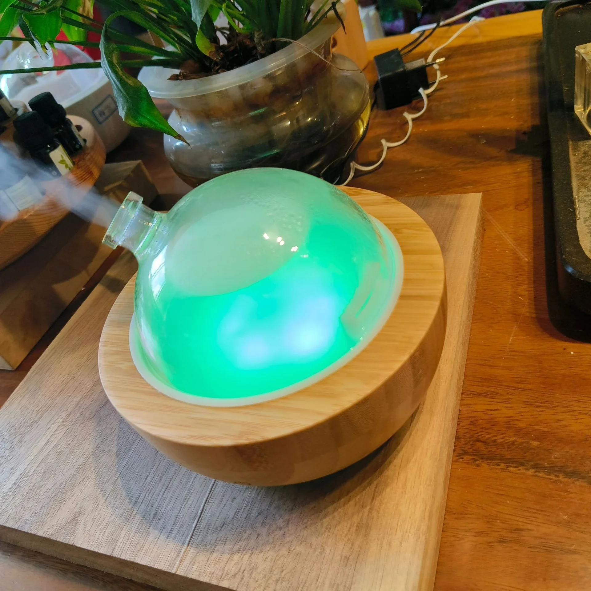 Essential O Diffuser With Real Wood Base, 200ml Ultrasonic Aromatherapy Diffuser, Glass Dome Humidifier, LED Light_voghion.com