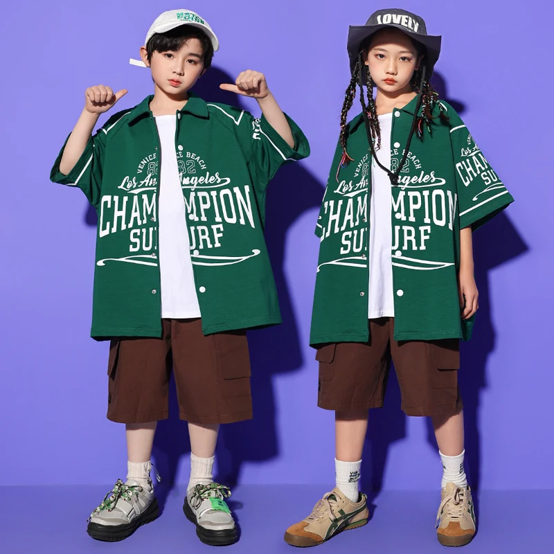 

Kids Performance Outfits Hip Hop Clothing Print Shirt Street Casual Cargo Shorts for Girl Boy Jazz Kpop Dance Costume Clothes