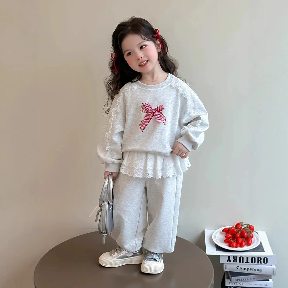 2025 Autumn Children Girls 2 Piece Set Cotton Lace Long Sleeve Red Bow Sweatshirt Suit Loose Kid Girl Grey Sports Pant Tracksuit 4