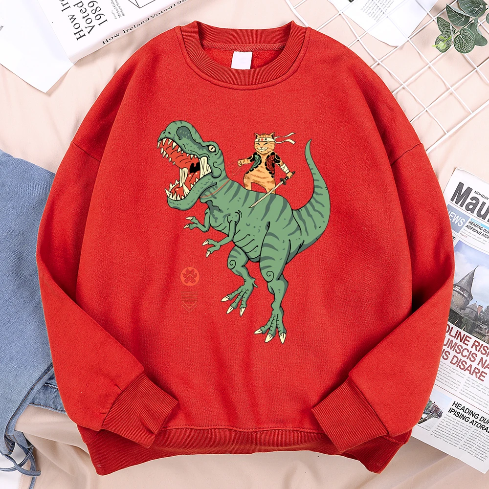 Japanese Harajuku Riding Dinosaur Cat Men Women Hoodie Fashion Fleece Hoodies Autumn Casual Clothing Fleece Oversized Streetwear