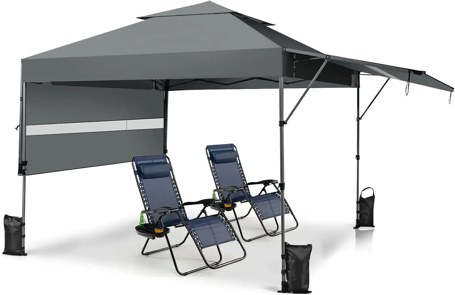 10x17.6 Ft Pop Up Canopy with Adjustable Dual Awnings, 2 Tier Outdoor Canopy Tent with 8 Stakes, 4 Ropes, 4 Sand Bags