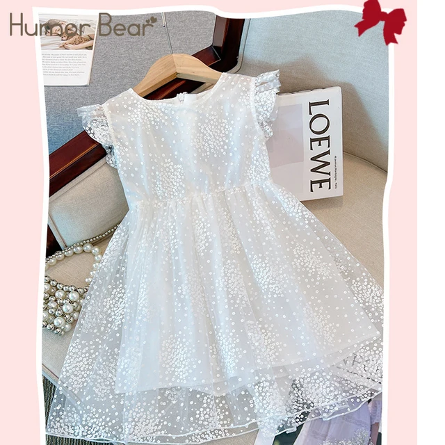 الفكاهة الدب الفتيات فستان الأميرة بلا أكمام الأبيض النقي منتفخ فستان من الشاش أجنحة الفراشة ملابس أطفال عادية 2-6 Y