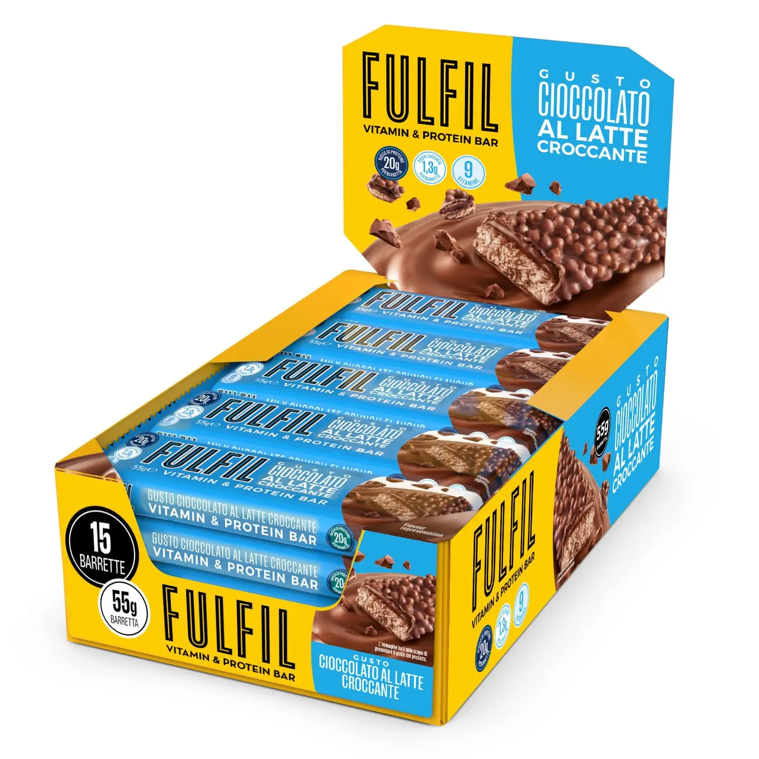 FULFIL - 15 Barrette Proteiche da 55 Grammi, Gusto Cioccolato Croccante al Latte con 9 Vitamine e Pochi Zuccheri, Confezione da 825 Grammi