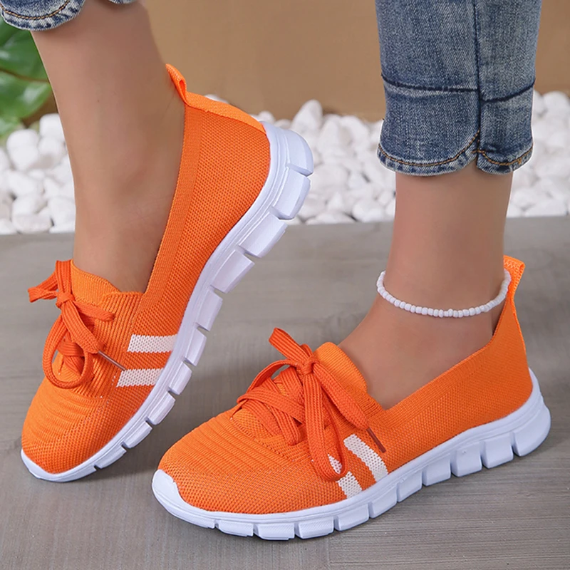 Mesh Knitted Striped Flats Shoes for Women 2023 Summer Lace Up Casual