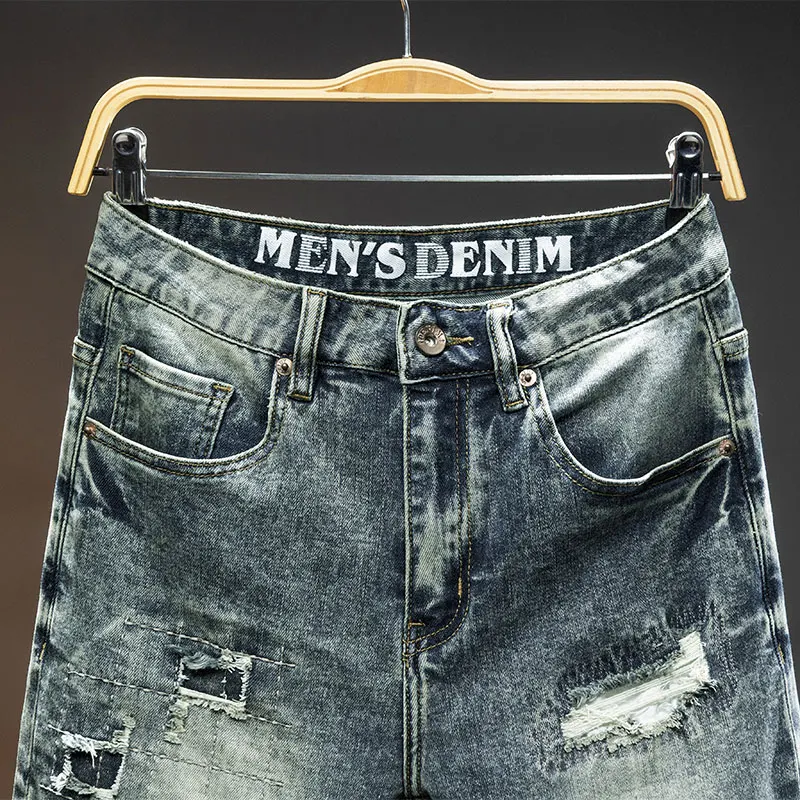 High-End Denim Shorts Men's Summer Fashion Holes Street Retro Motorcycle Fashion Brand Stretch Slim Fit Handsome Casual Shorts