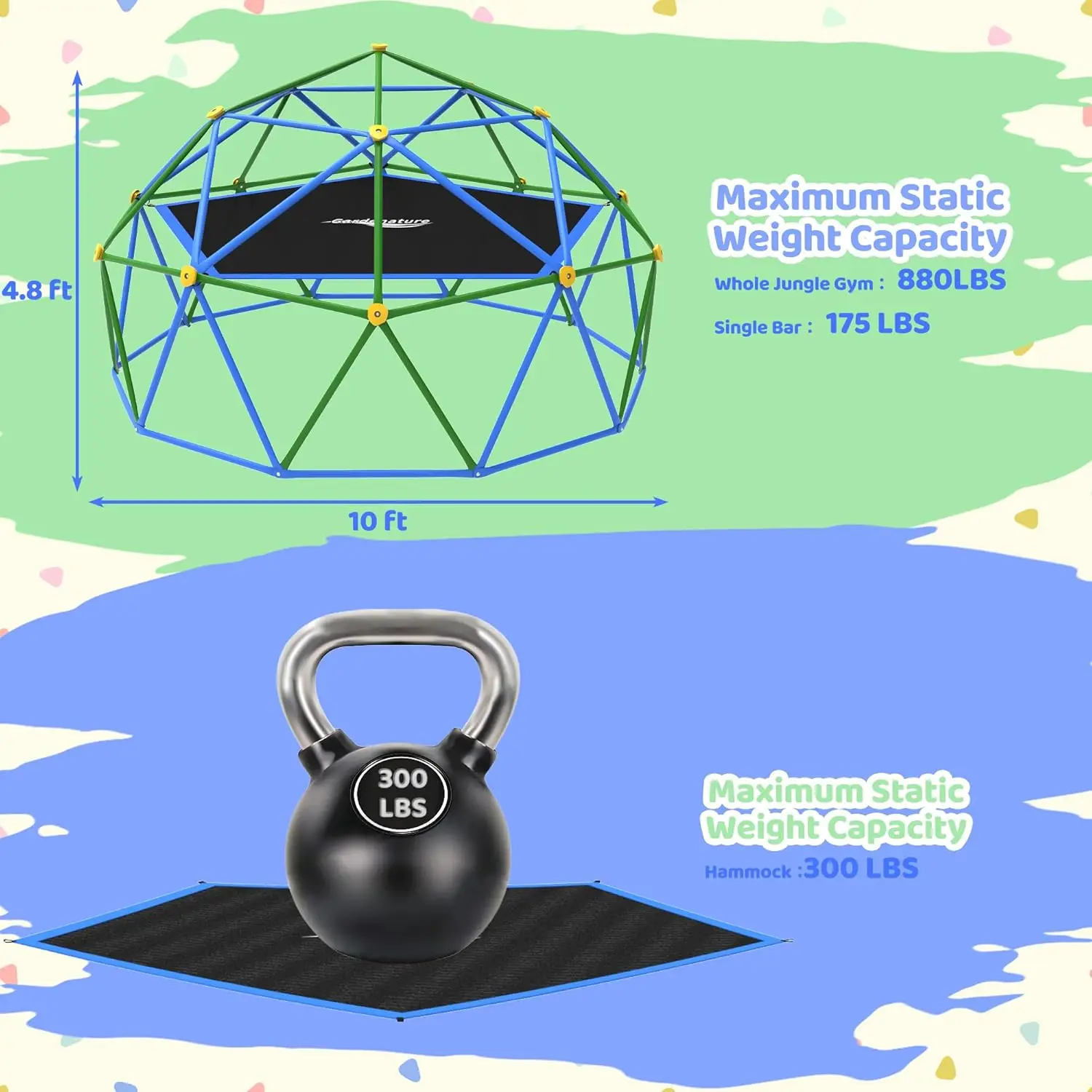 Gardenature 10FT Climbing Dome with Hammock, Outdoor Jungle Gym for Kids, Geometric Dome Climber Supporting 880 Lbs Anti-Rust