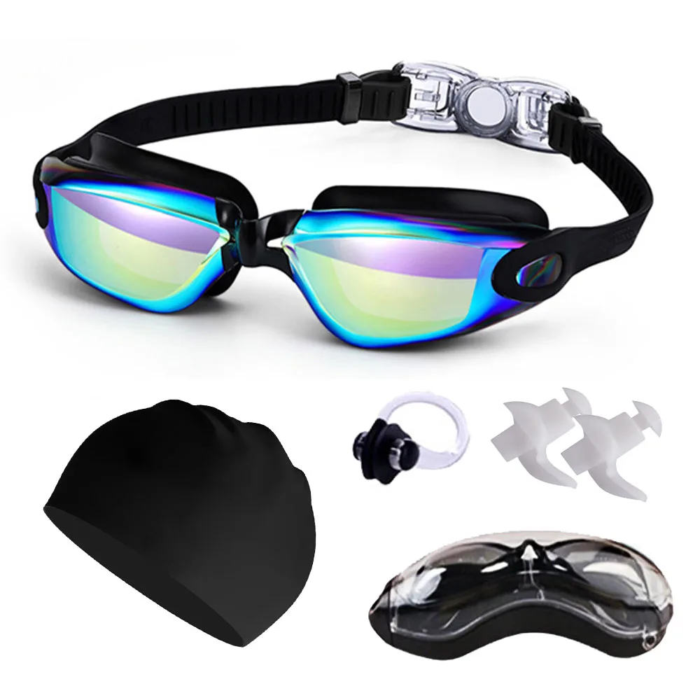 

Professional Adult Swimming Goggles Electroplating Anti-fog Swimming Glasses set Waterproof Nose Clip Earplugs Swimming Cap Set