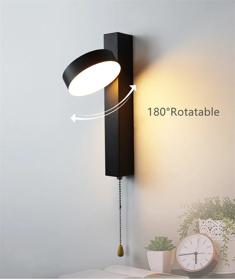 LED Wall Lamp 180°Rotatable Degree Modern Sconce with Rope Switch Bedroom Headboard Light for Home Hotel Living Room Aisle Decor sconce light