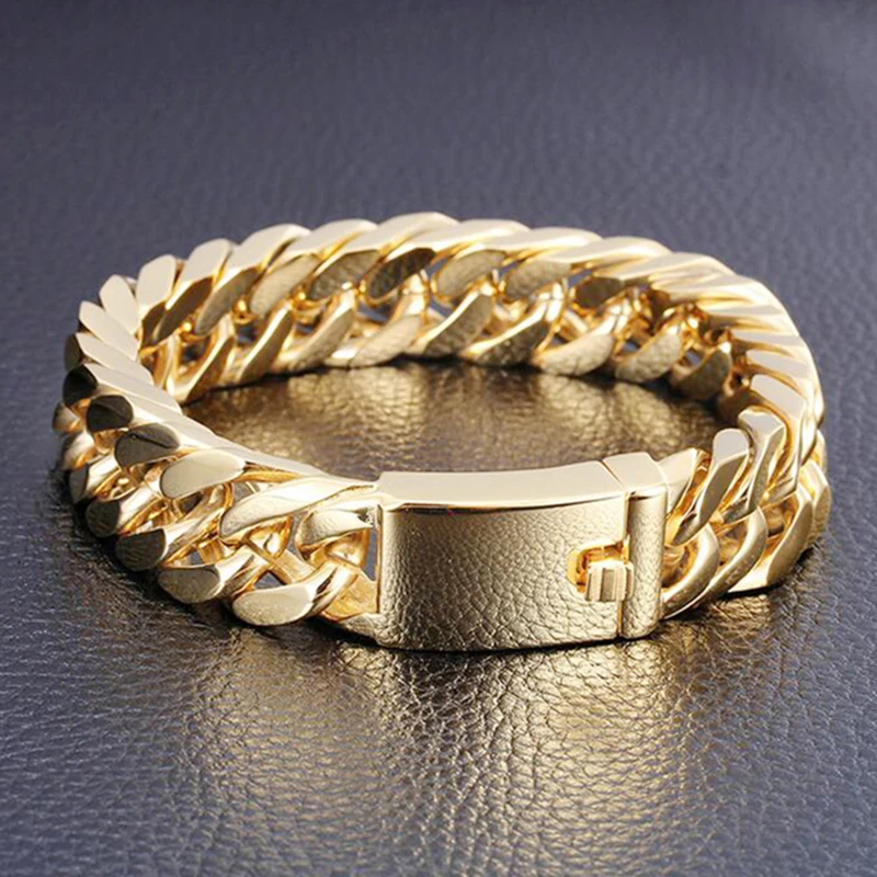15Mm Punk Luxury Miami 18K Gold Plate Cuban Curb Chain Bracciale Uomo Donna Hiphop Acciaio Inossidabile Fashion Bike Bangle Jewelry