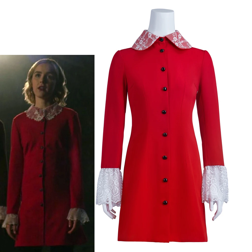 

Chilling Adventures of Sabrina Cosplay Red Dress Women Fancy Long Sleeves Uniform Skirt Halloween Carnival Party Business Gown