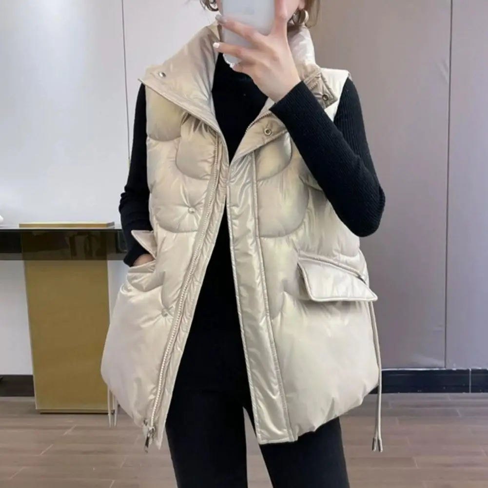 

Women Vest Women Winter Vest Elegant Shiny Women Down Cotton Vest With Dual Pockets Stand Collar Women Down Cotton Vest