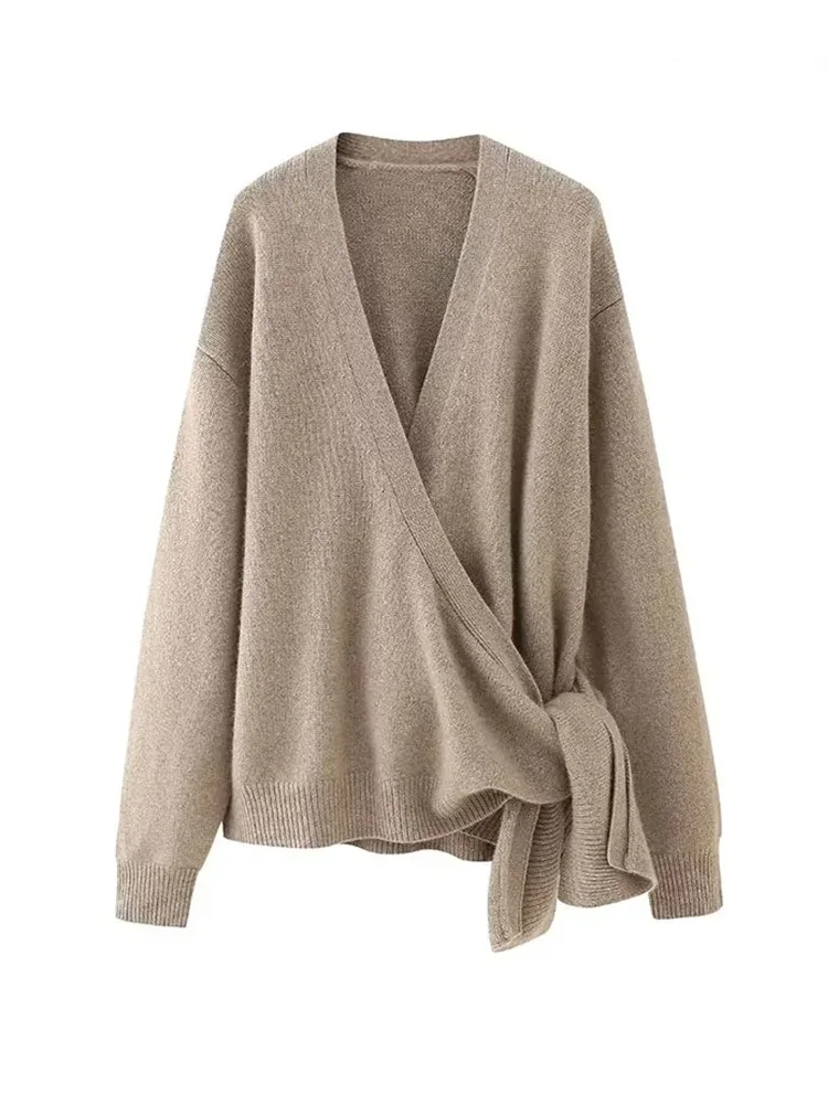 

HH TRAF Spring Women's Casual Knitted Cardigan Fashion Sleeve V-neck Lace-up Open Front Sweater Women's Elegant Loose Jumper Top