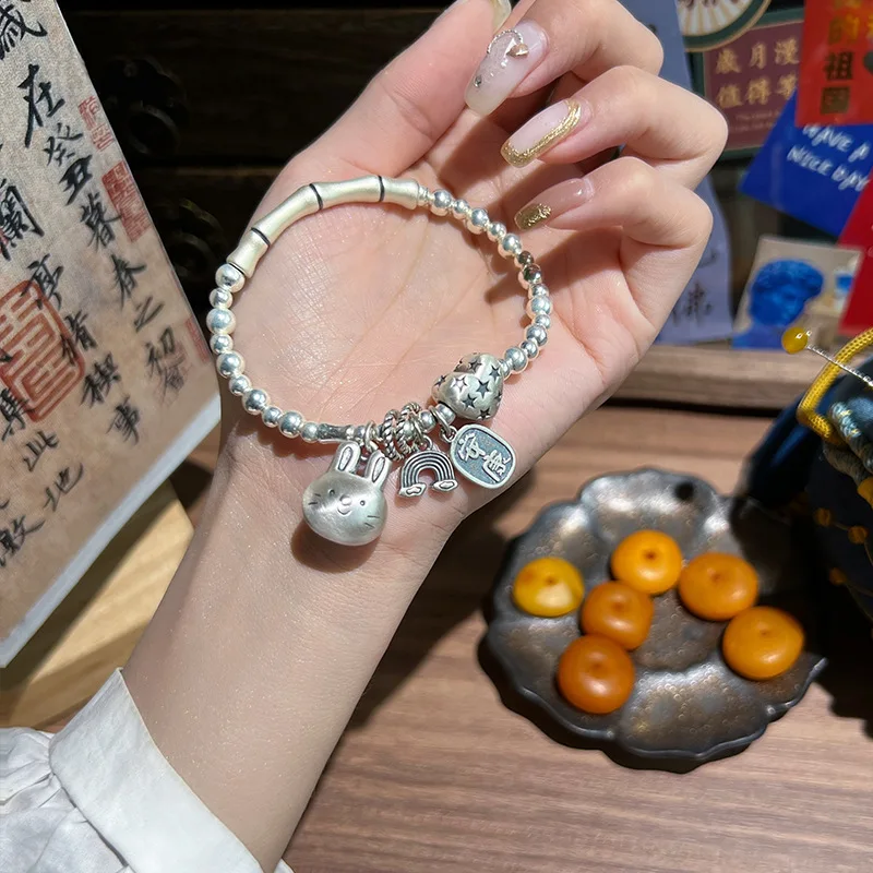 

New Arrival Lovely Rabbit & Love Heart Retro Thai Silver Female Charm Bracelet Jewelry For Women Birthday Gifts No Fade