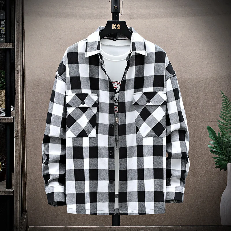 Autumn and Winter Men's New Cotton Plaid Loose Style Casual Wild Large Pocket Design Lapel Cardigan Shirt