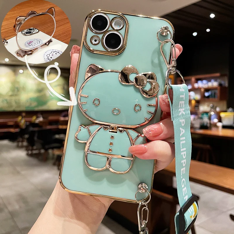 thumbnail image 1 of Funda de teléfono chapada con correa para iPhone, carcasa con soporte de Hello Kitty para iPhone 15, 14, 13, 12, 11 Pro Max, Mini, XR, XS, X, 8, 7, 6S Plus, SE 2020, 1 of 5