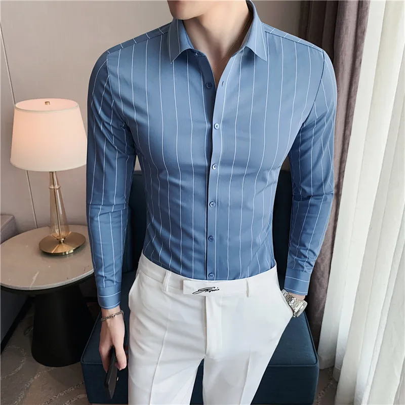 Stripe Shirts for Men 2023 Autumn New British Style Anti Wrinkle Soft Solid Casual Long Sleeved Camisas De Hombre Men Clothing