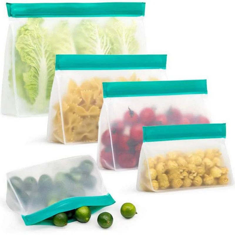 PEVA Food Storage Bag Upgrade Leakproof Top Stand Up Reusable Freezer Sandwich Ziplock Silicone