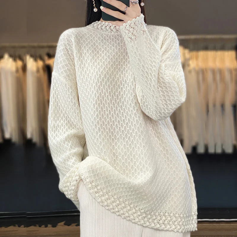 

Autumn/Winter Women's New Salt Series 100% Wool Cold proof Sweater Round Neck Solid Color Hollow out Pullover High Style Blouse