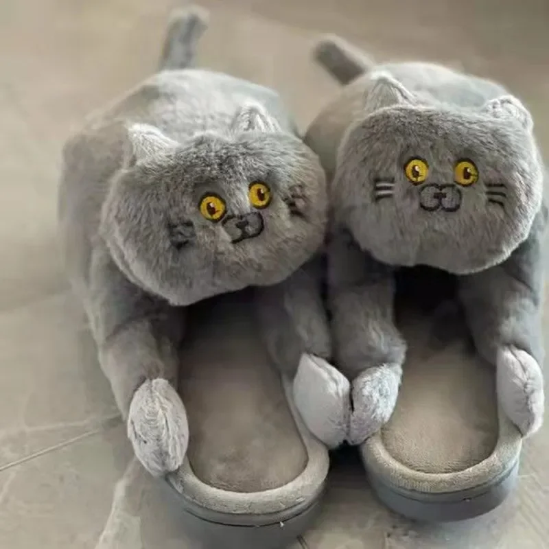 Cartoon Cat Slippers Women Men Winter Home Slides Kawaii Floor Shoes Furry Slippers Girl White Mules Funny Cute Gift Slippers