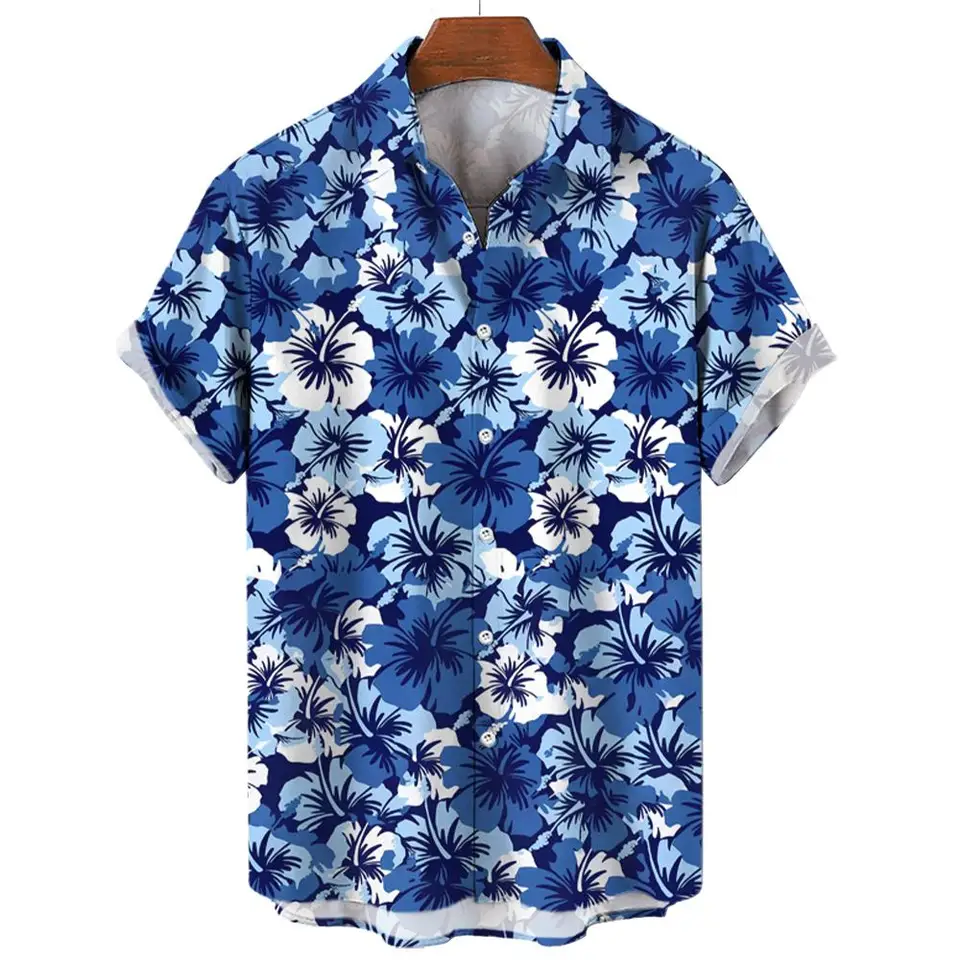 Men's Novelty Hawaiian Floral Shirt - Tropical Button Down, Short Sleeve, Loose Fit, Blue, Size 3X-Large, Summer Vacation Wear - View #3