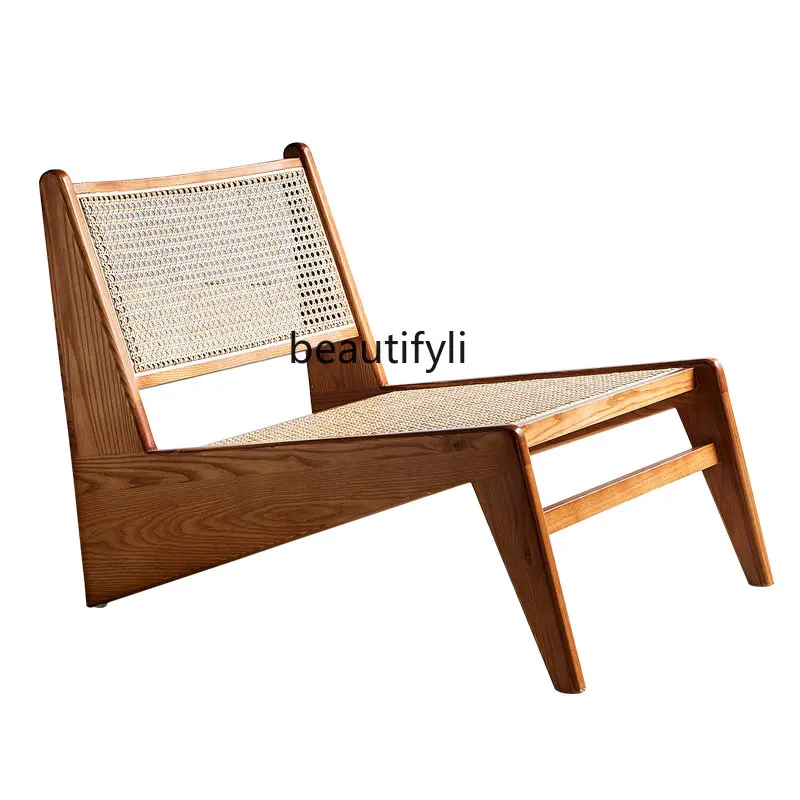 

Solid Wood Single Recliner Nordic Home Natural Rattan Armchair Leisure Chair Living Room Rattan Chair Modern Minimalist