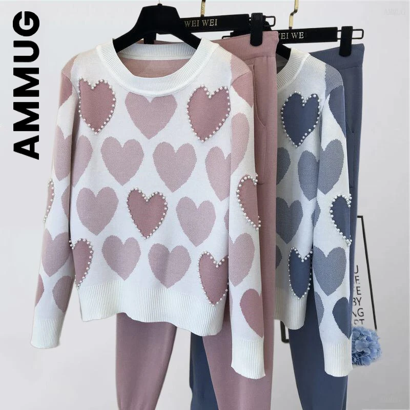 matching lounge set Ammug 2 Piece Sets Women Sweater Chic Knit Embroidery Bead Heartshape Pullovers Top Spring Harem Pants Sport Tracksuits Suit crop top and skirt set