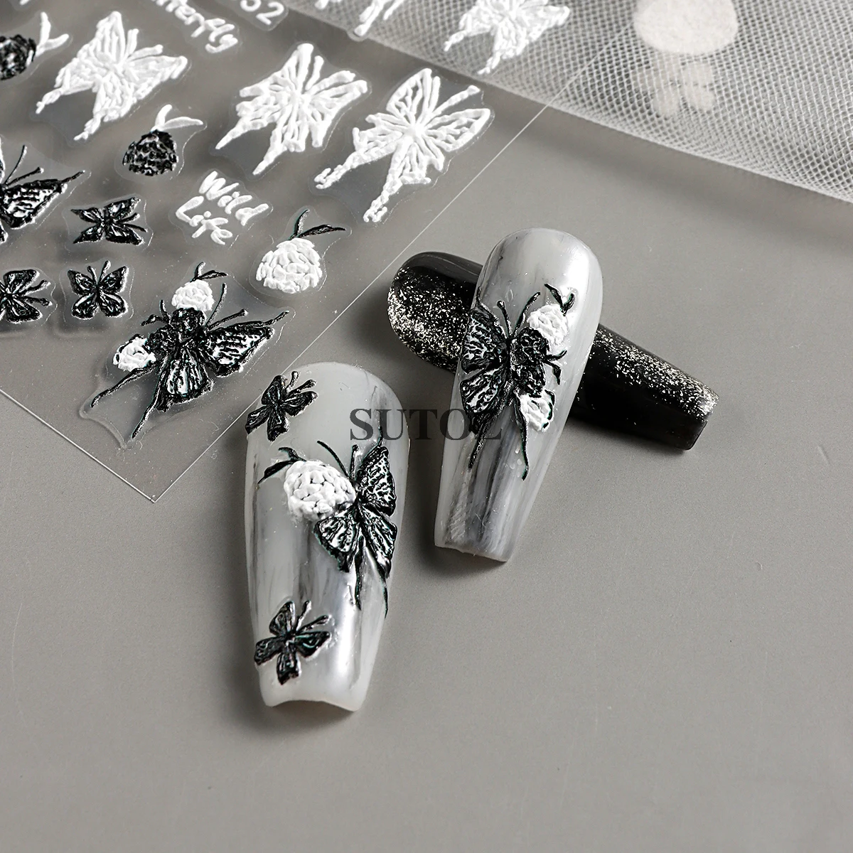 5D Embossed Black White Butterfly Nail Art Stickers Elegant Wedding Design Nail Decals Summer DIY Manicure Decoration NTJI-5D52