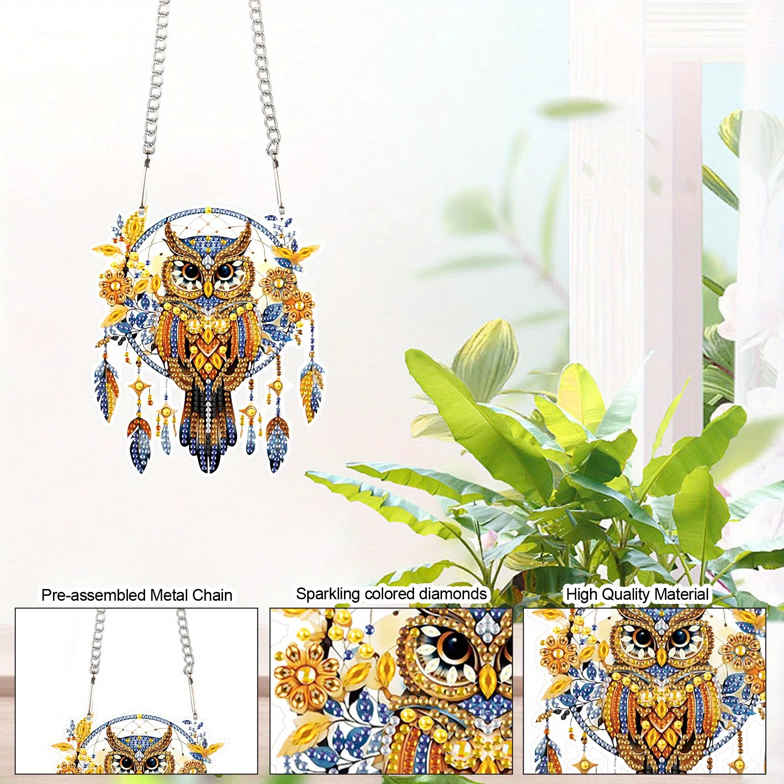 Diamond Art Painting Pendant Kits DIY Owl and Dreamcatcher Diamond Art Painting Hanging Kit Window Kit for Adult Home Decoration