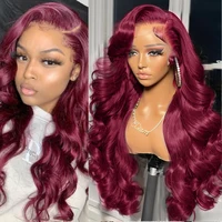 Perruques Lace Frontal 28 pouces 99J Bourgogne, Cheveux Humains Body Wave, Pré-épilées 13*5, Véritables Perruques Lace Body Wave Invisibles, Prix Usine 3