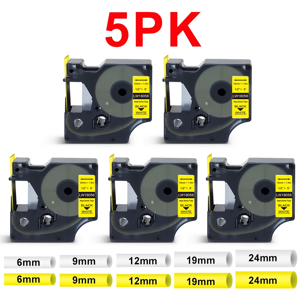 5Pk 18055 18056 Tubo Termoretraibile Dymo Compatibile 18051 18052 18053 18054 18057 18058 Per Dymo Rhino Label Maker 4200 5000 5200