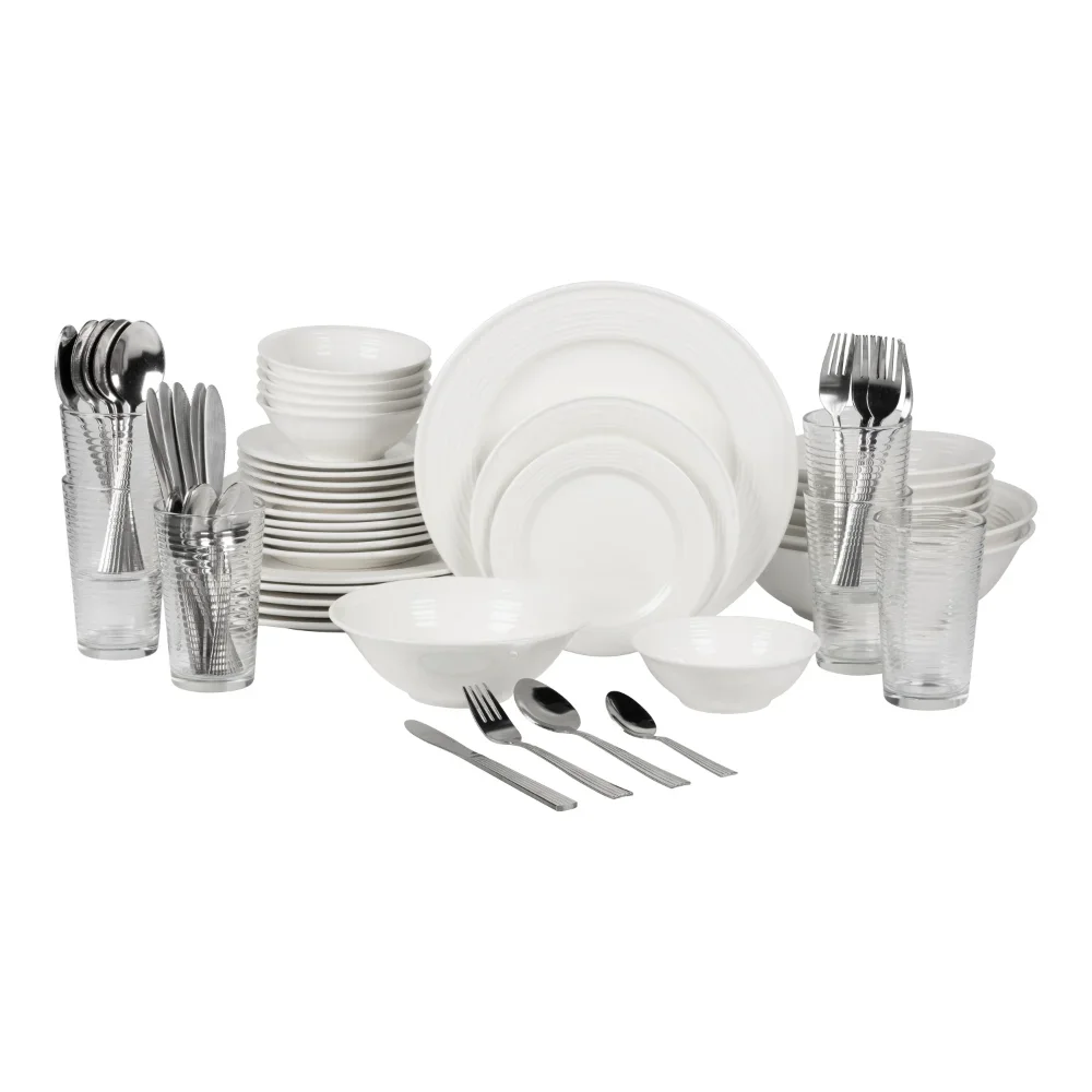 

LISM White Round 62-Piece Stoneware Dinnerware Set, Service for 6