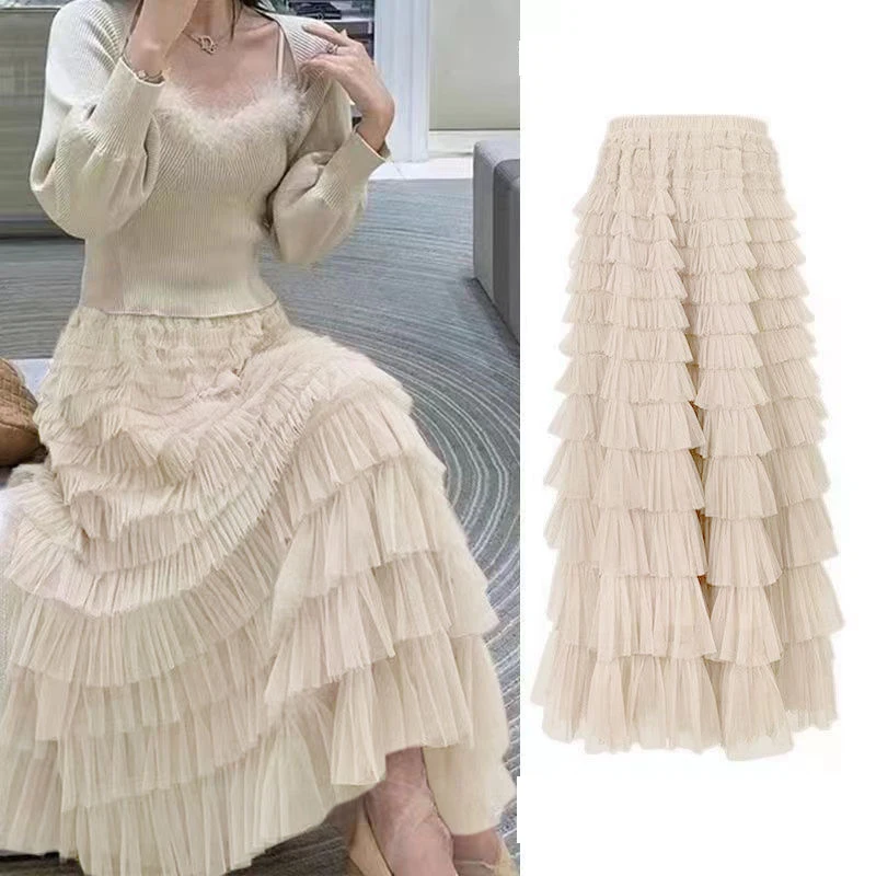 Summer Spring Women’s Multilayer Ruffles Tulle Skirt Pleated High Waist Fluffy Maxi Skirt Fairy Cake Dress Long Tutu Party Skirt