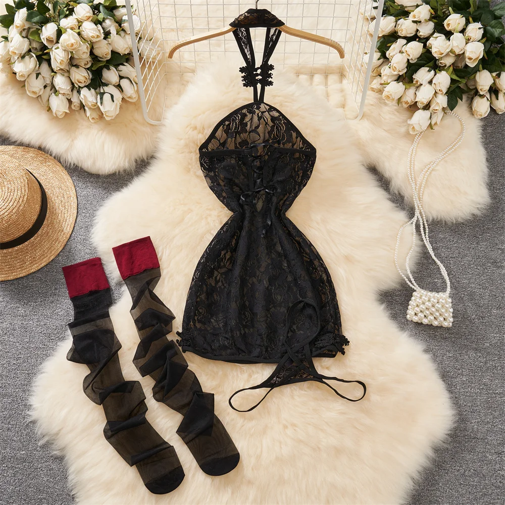 Lace Up Women's Secret Clothes Slim Sleepwear Halter Neck Backless Pajamas Sheer Erotic Lingerie Sexy A-Line Mini Black Dress 2