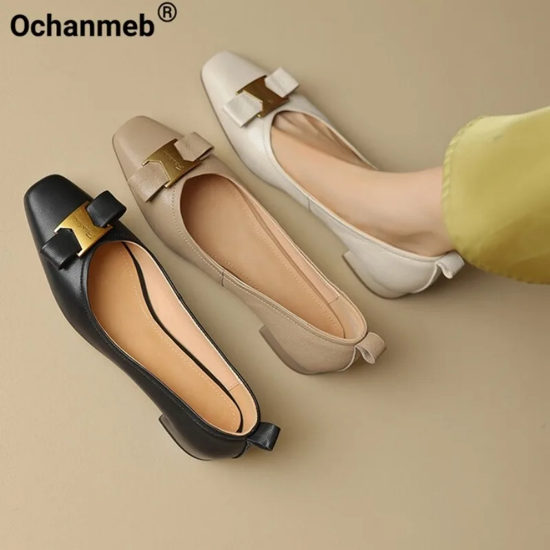 

Ochanmeb Women Sheep Leather Flats Shallow Metal Deco Square Toe Slip-on Flat Bow-tie Designer Luxury Shoes for Woman Nude 34-40