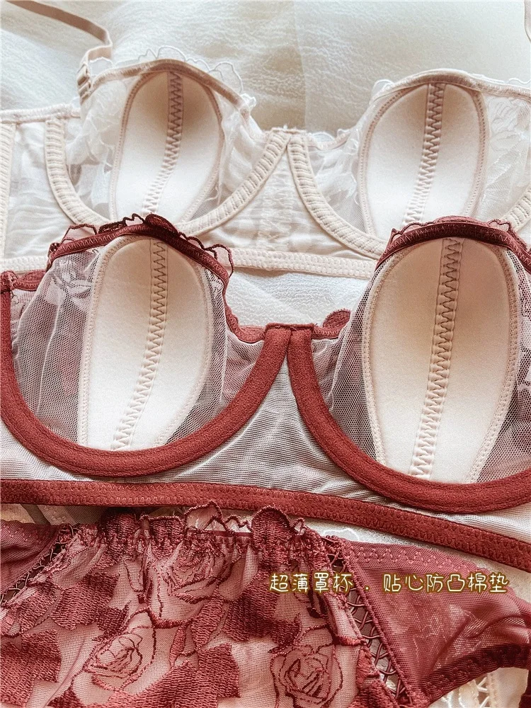 Girls sexy lace lingerie embroidery mesh cotton pads bralette panty gathered bra soft steel ring underwear set