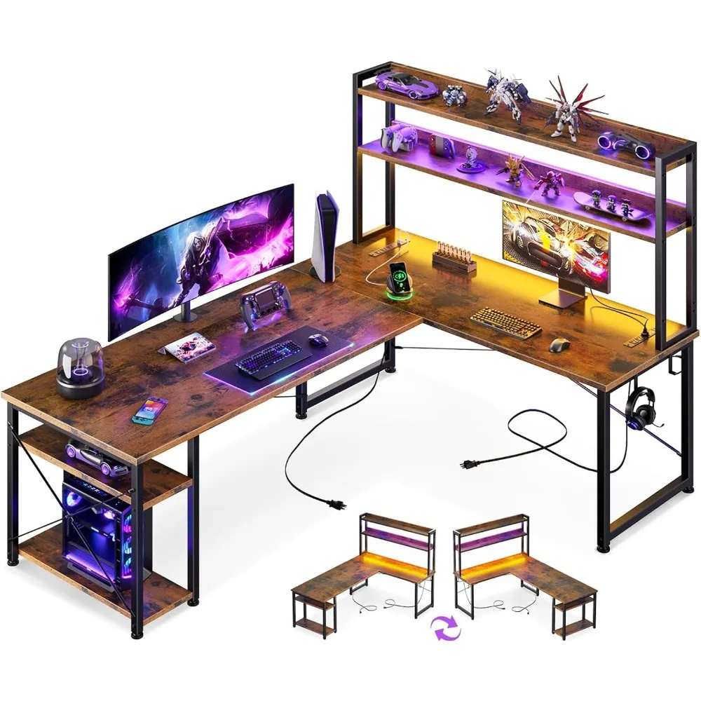 

L Shaped Gaming Desk with Hutch & Power Outlets & LED Strip & Monitor Stand, 66" Reversible Computer Desk with Storage Shelves,