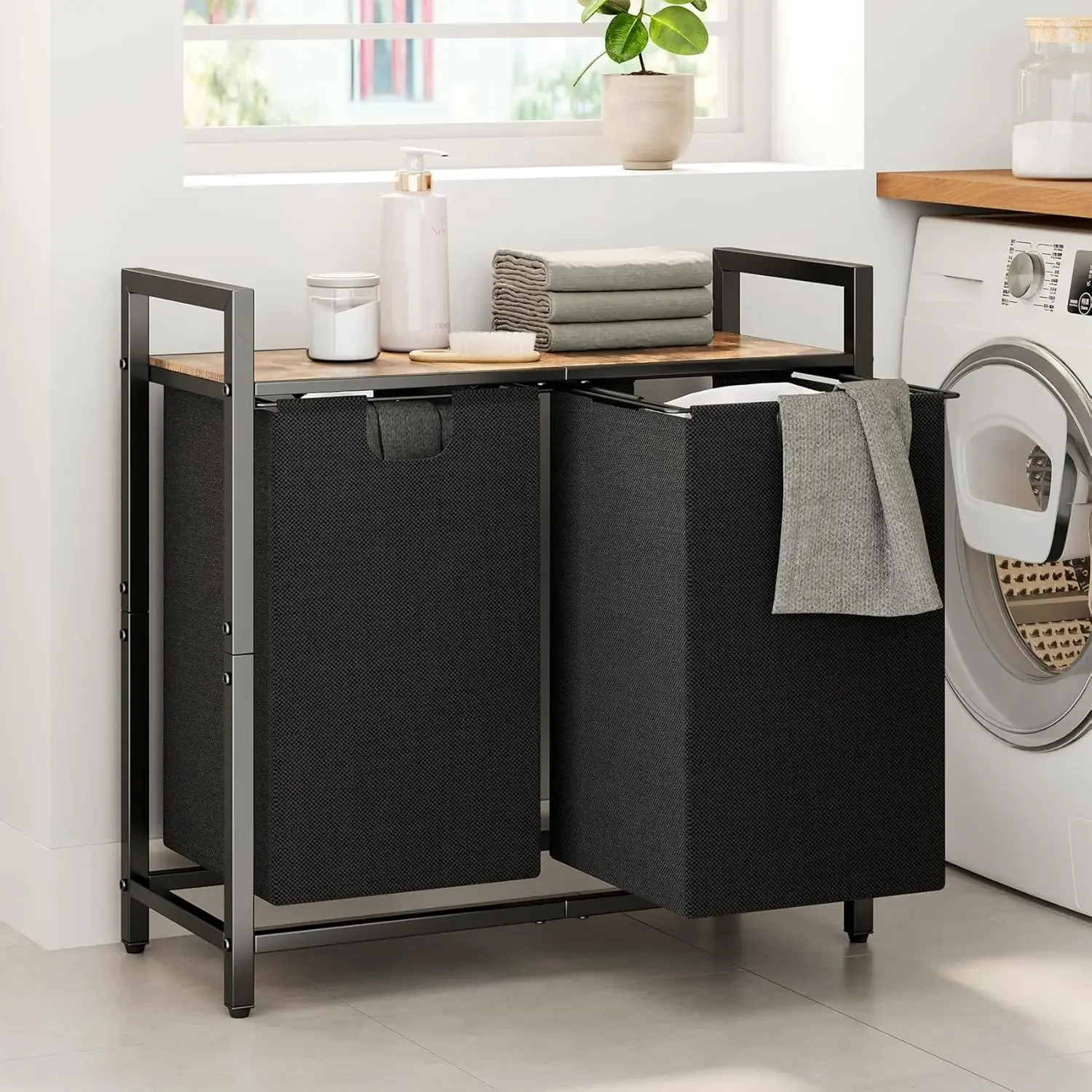 Laundry Basket Organizer, Laundry Hamper with Shelf & 2 Pull-Out Removable Bags, Dirty Clothes Hamper Organizer for Laundry Room 2