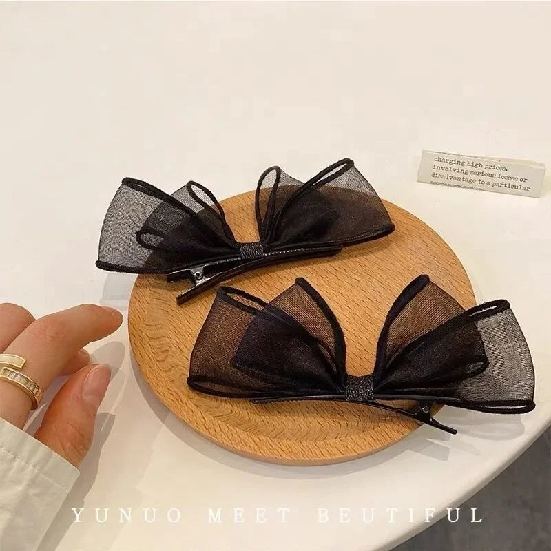 2pcs Korean Mesh Big Bow Black Hair Clip Side Bang Hair Clip Hairpin Baby Girls Headwear Cute Bow Duckbill Clip Kid Accessories