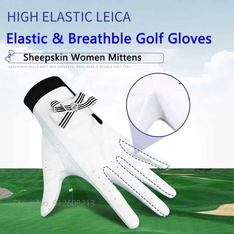 

PGM 1 Pair Golf Gloves Lady Hook&loop Sheepskin Gloves Women Breathable Antiskid Bowknot Finger Cover Left and Right Hand Mitten