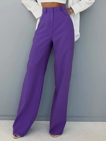 High Waist Straight Pants Woman Purple Classy Ladies Office Trousers Summer Solid Female Casual Long Trousers 2022
