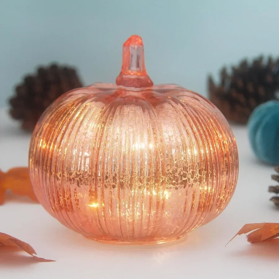 Rustic Decorative Battery Operated LED Pumpkin Lights with Timer for Halloween and Thanksgiving Fall Season Rosegold FineStripe